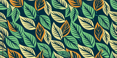 Abstract silhouettes of identical leaves seamless pattern.flora, flat design, blossom, botanical, pattern, flower, fashion, leaf, abstract, art, illustration, design, nature, vector, background,