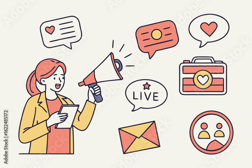 Woman with megaphone announcing news and social media icons isolated on white background