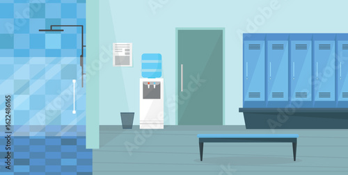 Interior of a locker room with a shower, lockers and a cooler. Locker room in a gym, school.