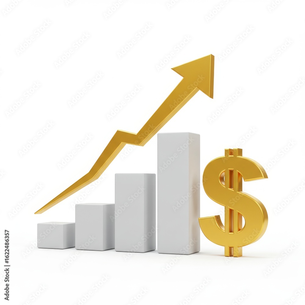 A golden dollar sign stands beside a rising bar graph with a golden arrow pointing upwards, symbolizing financial growth. A golden dollar sign stands beside a rising bar graph with a golden arrow pointing upwards, symbolizing financial growth.