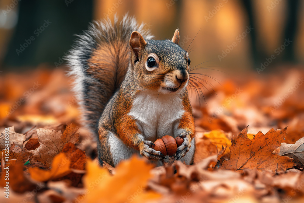 Obraz premium Squirrel standing in leaves.