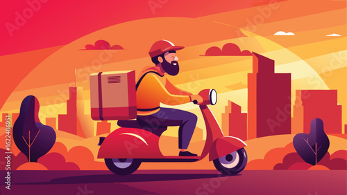 Delivery person on a scooter in a stylized city at sunset