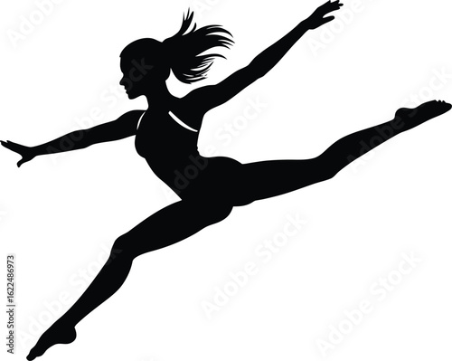 female gymnast silhouette in mid-air split leap pose vector sports illustration