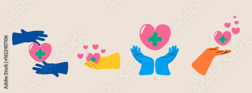 Set of hands giving heart. World Organ Donation Day. Colorful vector illustration