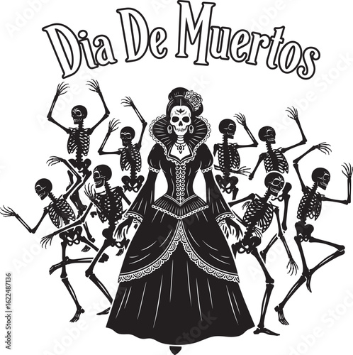 Elegant Calavera Dancing with Skeletons for Dia de Muertos