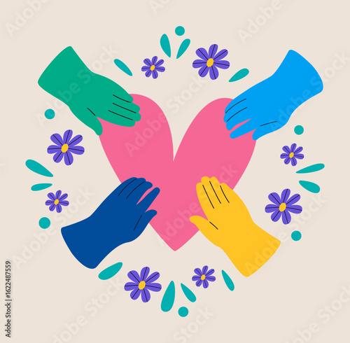 Diversity human hands holding heart. Sharing love. Colorful vector illustration