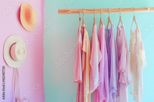Wooden clothes rack with summer women's clothes of different colors and straw hats.