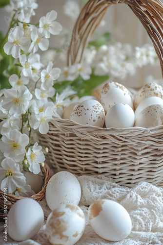 Natural Easter eggs in and around a straw basket with blooming white flowers.