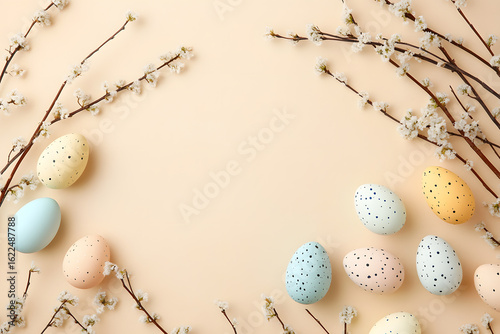 Multicolored Easter eggs and branches of a flowering tree on a beige background.