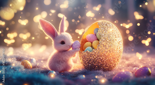 A cute little rabbit takes out a small Easter egg from a broken big shiny egg.