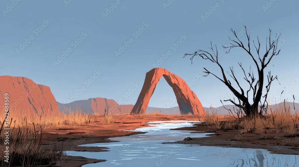 Fototapeta premium Desert landscape with a natural arch and a small stream.