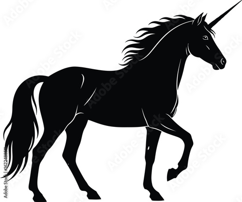 Elegant black unicorn silhouette prancing gracefully against a bright white backdrop fantasy magic