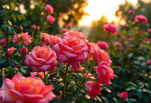 A vibrant rose garden at dawn, dew-kissed petals in soft light,  serene,  idyllic
