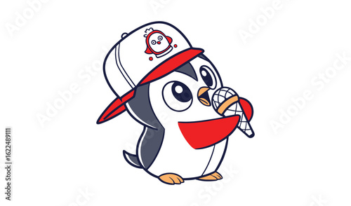 Cute cartoon penguin wearing a baseball cap and holding a microphone