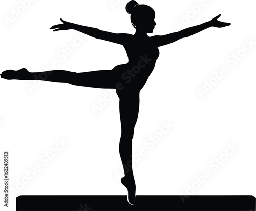 female gymnast silhouette balancing on beam in elegant pose vector illustration