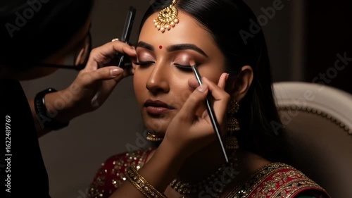 Woman With Gold Jewelry Having Makeup Applied Eyes Closed Dark Brown Background