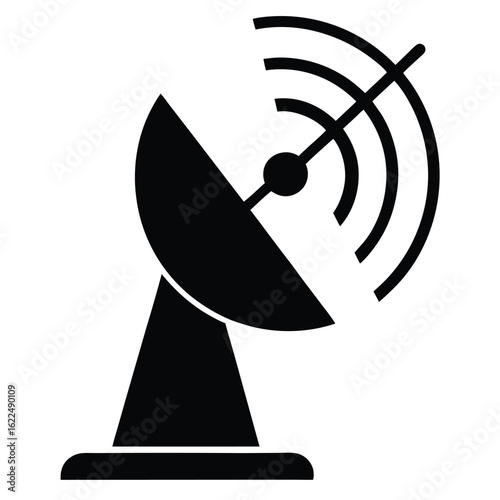 A 3D digital satellite dish antenna with a receiver on a blue background for broadcasting internet and television communication