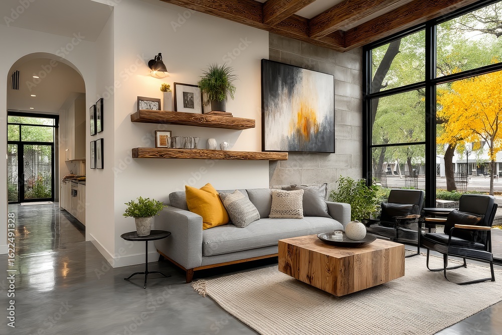 Fototapeta premium Open concept modern living room with grey sofa, black metal chairs, wooden floating shelves, colorful wall art, concrete floor, and natural light