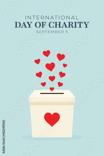 Charity Day Poster with Donation Box and Red Hearts Flat Vector Illustration.