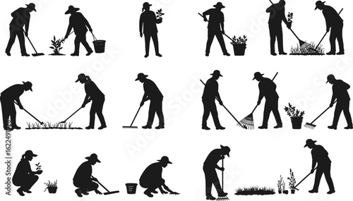 Silhouettes of gardeners working in field, planting and raking, rural scene, outdoor labor, agriculture tools, teamwork, horticulture concept illustration
