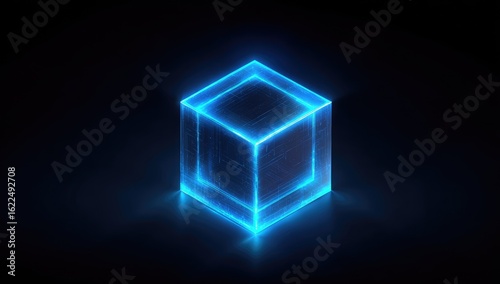 Glowing blue cube, outlined in neon light, on dark background.  Abstract, futuristic, tech