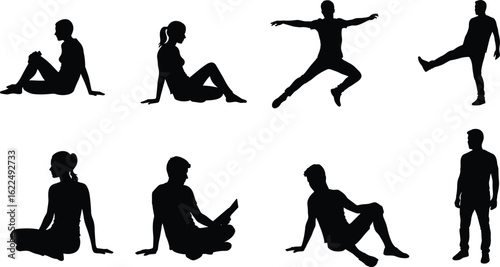 Silhouettes of people dancing, reading, sitting, standing, expressing motion and emotion, black and white vector, lifestyle, activity, pose, art