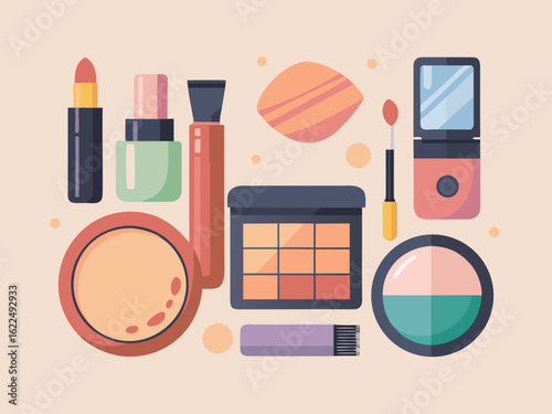 Flat Lay Illustration of Various Cosmetic Products Arranged on a Neutral Background Beauty and Fashion Concept