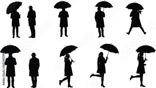 Silhouettes of people holding umbrellas, walking, standing, isolated on white background, rainy weather concept, black and white vector illustration