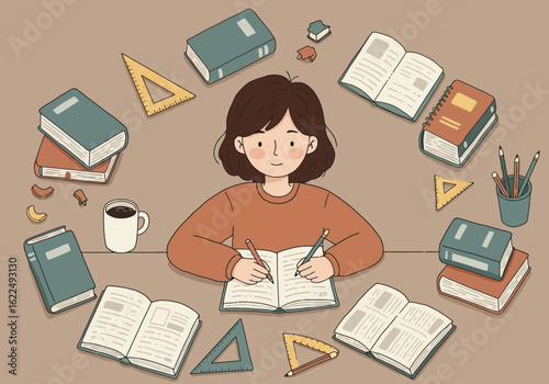 A young woman writing in a notebook surrounded by books and stationery.