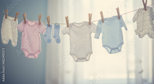 Pastel Baby Clothesline Onesies and Socks Hanging with Wooden Clothespins.