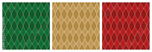 Vector Set of Christmas Argyle Seamless Patterns - Green, Golden, Red Geometric Diamond Holiday Backgrounds
