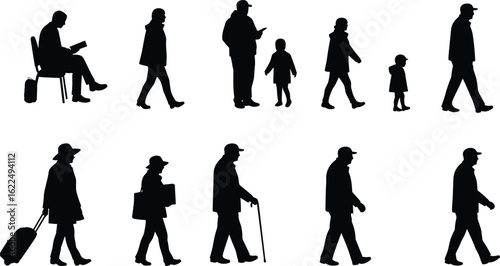 Silhouettes of people walking, sitting, carrying luggage, children playing, elderly with cane, casual wear, travel, urban lifestyle vector illustration