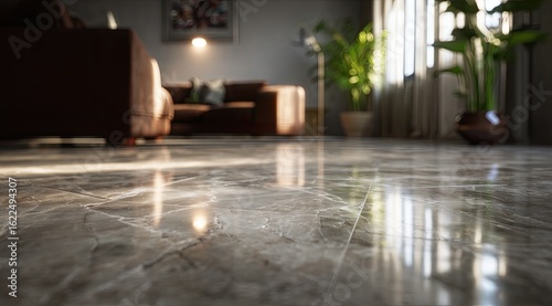 Polished marble floor reflecting sunbeams in a modern living room