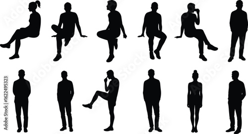 Silhouettes of twelve individuals in varied seated and standing poses, minimal black figures, human posture references for art, design, education