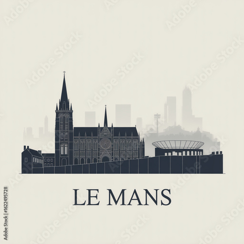 Le Mans Skyline Silhouette - Historic and Motorsport City in France Vector Illustration in Black and White