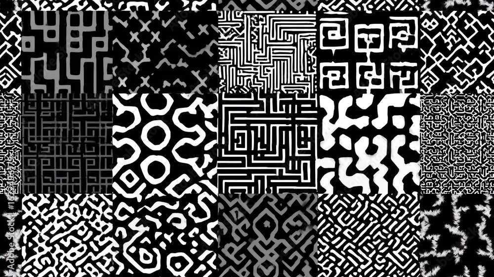 Fototapeta premium A black and white patchwork of geometric patterns, intricate mazes, and organic shapes