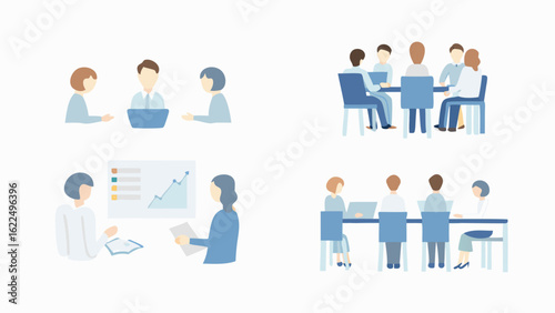 Illustration showing various business meeting scenarios and team collaboration scenes in a corporate setting