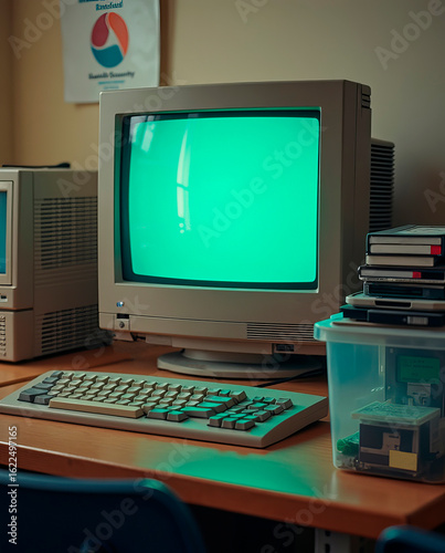 1990s computer lab desk — CRT monitor, wired keyboard