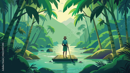 Person on raft with paddle in lush green jungle river