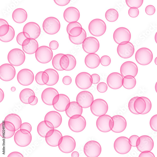 Translucent pink bubbles on white background, airy soft soap effect, pastel abstract texture for backgrounds, packaging, wallpapers, or textile prints.