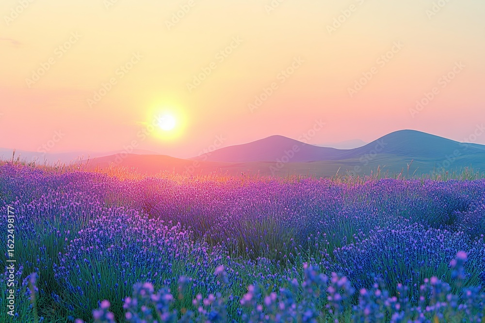 Fototapeta premium field glowing under warm pastel sunset with rolling hills in background
