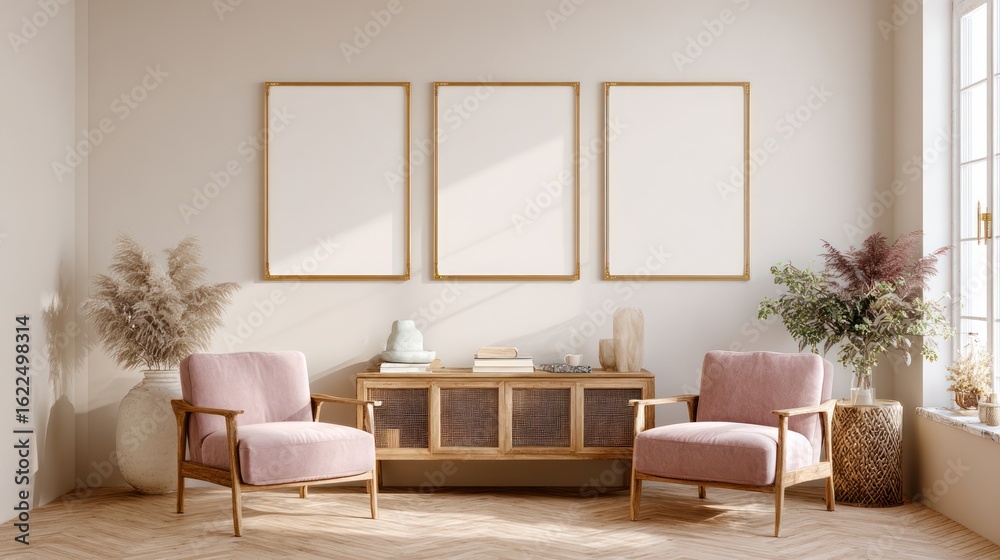 Fototapeta premium Minimalist room setting with three blank frames, soft pink chairs, and neutral tones