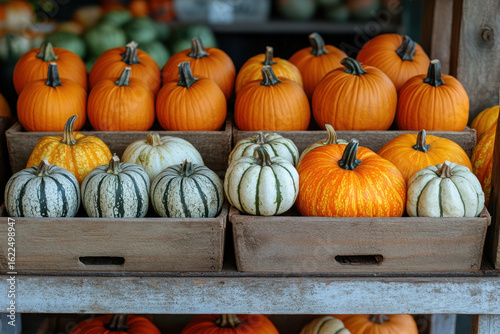 Pumpkins neatly stacked in wooden crates.