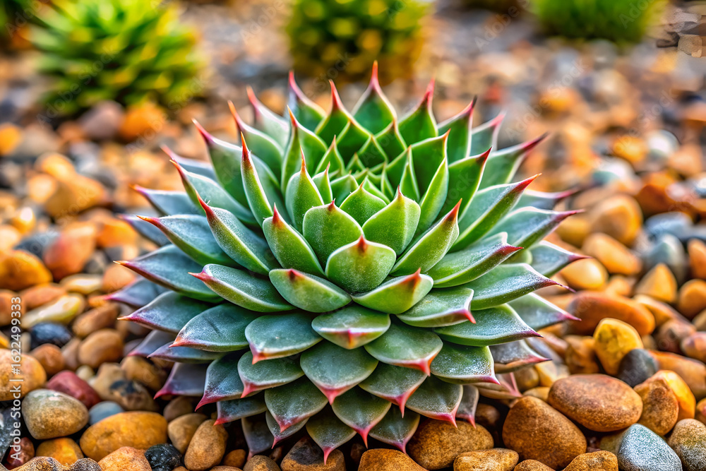 Fototapeta premium Closeup of a vibrant green succulent plant with pointed leaves, showcasing its intricate rosette pattern and texture, surrounded by small pebbles in a garden setting