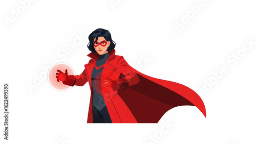 Crimson Heroine in Action: A dynamic illustration of a powerful character, adorned in a striking red ensemble and mask, emanating energy and focus.