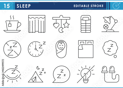 A set of line icons related to Sleep. Sleep, rest, baby, health, care, sleeping bag, and so on. Vector editable stroke.