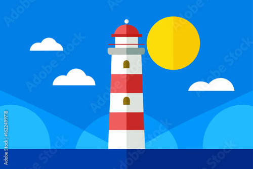 Stylized lighthouse on the sea with sun and clouds