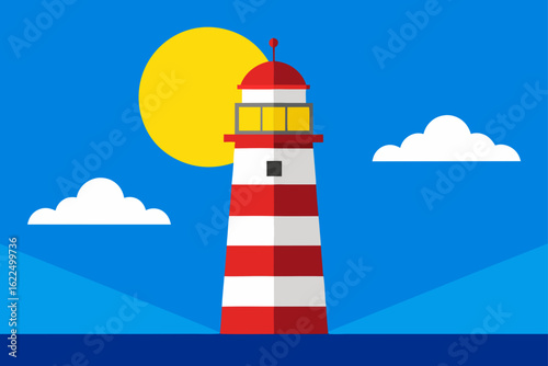 Stylized lighthouse on the sea under a bright yellow sun and blue sky