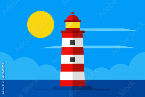 Flat design lighthouse on the water with sun and clouds