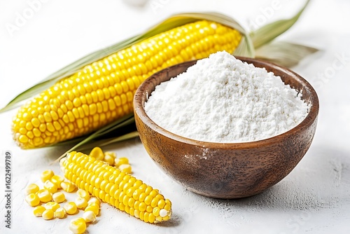 Corn flour in a bowl on a white background.